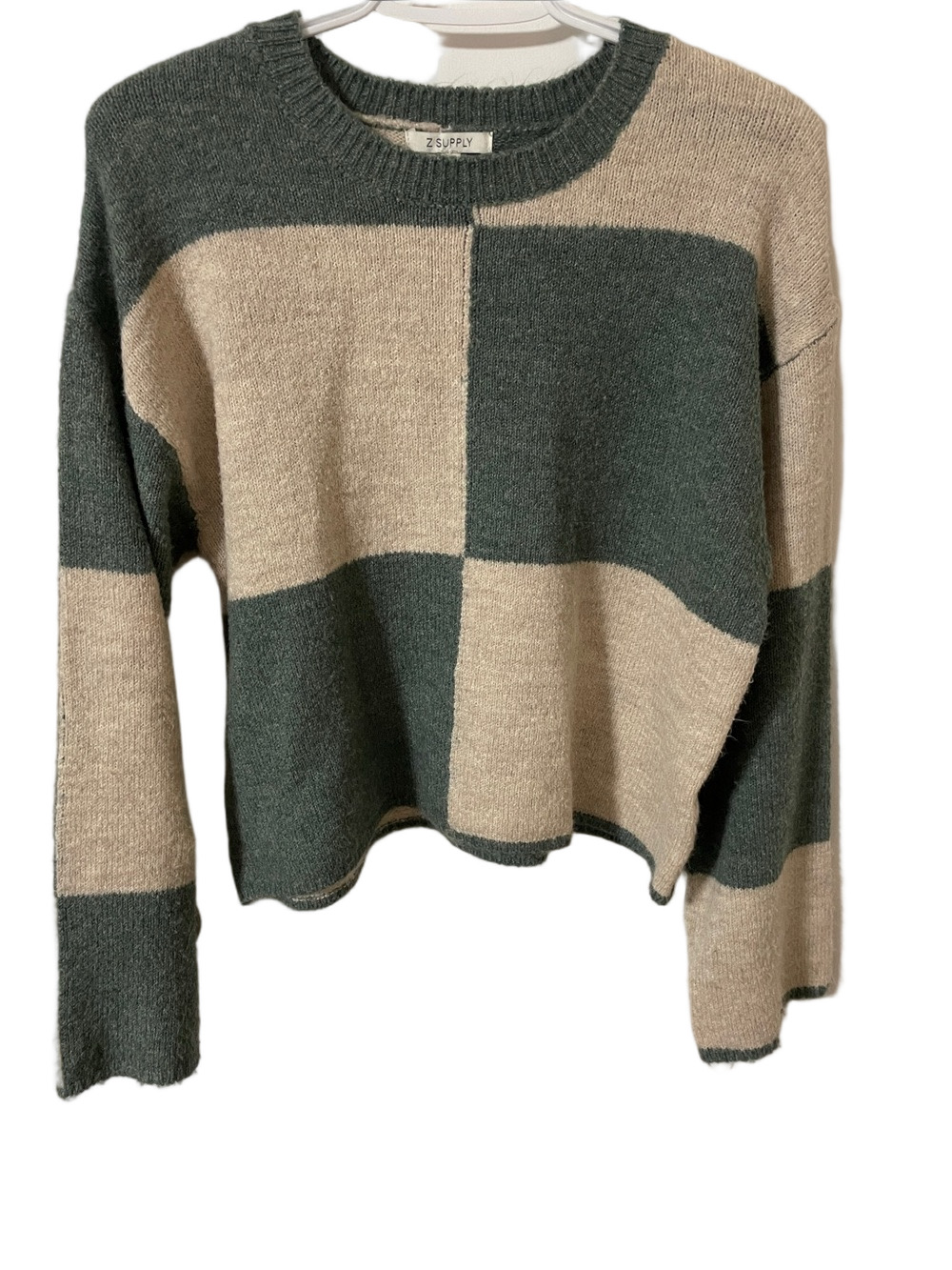 Z Supply Green and Cream Checker-Block Crop Sweater Size Small